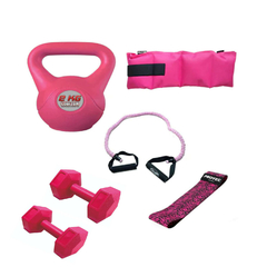 Kit Entrenamiento Rosa N3 Rusa 2kg Pvc + Par de Tobilleras 1kg + Par de Mancuernas 2Kg + Banda con Agarres + Banda Circular