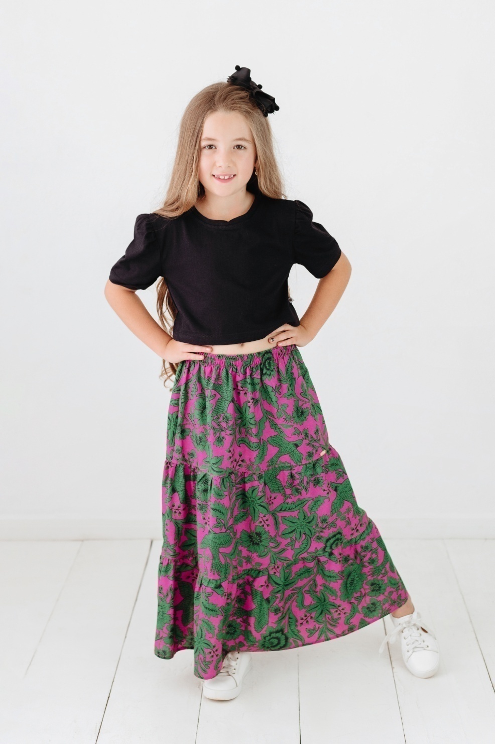 Conjunto Infantil Feminino Saia Longa e Cropped Preto e Pink Flores - Mundo  Coala