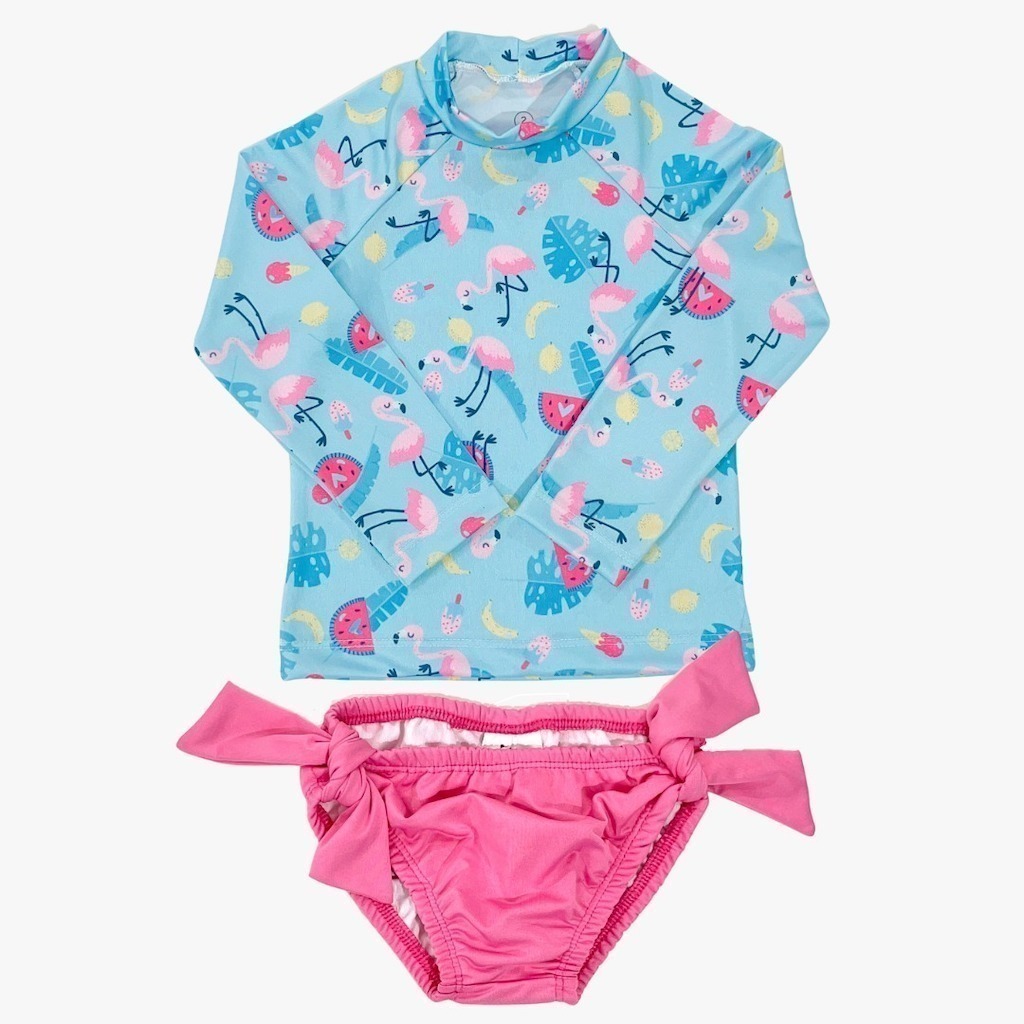 Conjunto Praia Infantil Feminino Blusa e Calcinha Proteção UV Azul Flamingo  10261