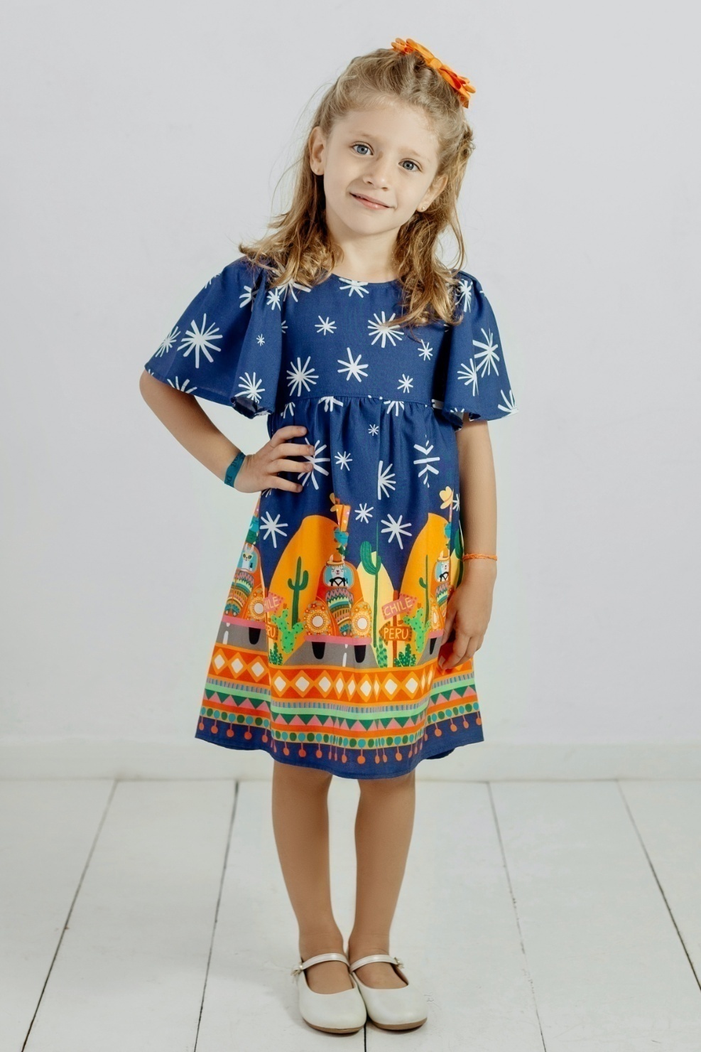 Vestido Infantil Rodado Azul Lhama - Mundo Coala