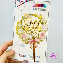 Topper acrilico Feliz Cumpleaños Flores - tienda online