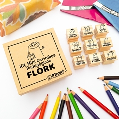Kit 9 Mini Carimbo Flork + Caixa MDF Pedagógico Escolar Professor Educação