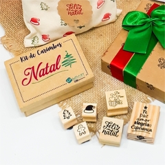 Kit Natal 6 Carimbos + Caixa de Mdf para Sacola Kraft Caixa Embalagem Envelope Tecido