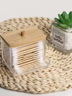 ORGANIZADOR DE HISOPOS ACRILICO + TAPA BAMBOO