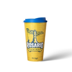 Vaso Rosario Central con tapa café y packaging