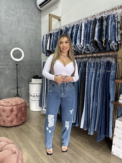 Calça Mom Jeans Faixa Rosa Premium - comprar online