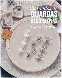 Bordados  de Guardas decorativas con detalles en pedrería y flores, presentando el curso online de bordados de guardas decorativas.