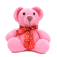 Urso Rosa com Laço Vermelho em Amigurmi