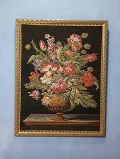 Antigo Quadro Tapeçaria Representando Vaso de Flores.