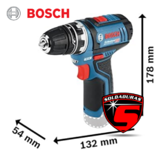 Atornillador taladro inalámbrico Bosch GSR 12-15 Flexiclick, con medidas de 178 mm de alto, 132 mm de largo y 54 mm de ancho.