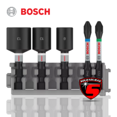 Kit de puntas y tubos para atornillador Bosch, incluye tres tubos con diferentes tamaños y dos puntas de atornillado.