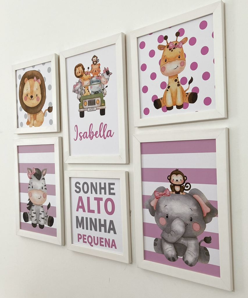 6 Quadros Decoração Quarto Bebe Safari Menino Com Moldura