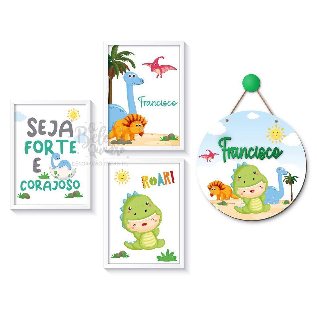 Placa Decorativa Infantil Desenho Dinossauro Verde Roar