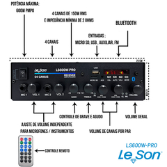 Amplificador Receiver Bluetooth 4 Canais Le Son Ls600 Pro Class D - comprar online