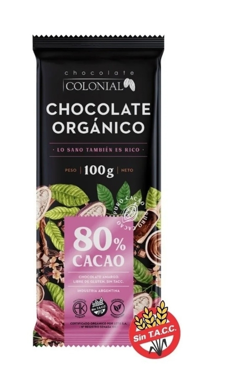 Chocolate Organico Colonial 80% Cacao 100g Sin tacc