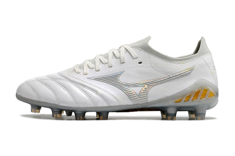 Chuteira Mizuno Morelia Neo III Campo Branco e Prata