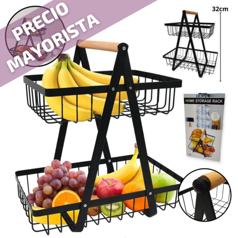 Frutera Doble Rectangular Metal Mango Madera Organizador
