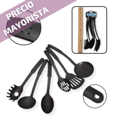 Set Cocina X 6 Utensilios Kit espatula cucharon Cocinar Nylon Negro