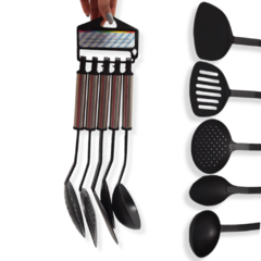 Set Cocina X 5 Utensilios espatula cucharon Cocinar Nylon Negro Mango Metal - comprar online
