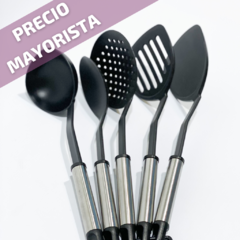 Set Cocina X 5 Utensilios espatula cucharon Cocinar Nylon Negro Mango Metal