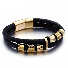 Pulseira Masculina de Couro Duplo e Aço Inoxidável na internet