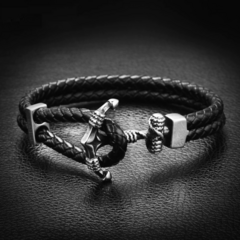 Pulseira Masculina Ancora de Couro e Aço Inoxidável Premium na internet