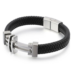 Pulseira Masculina Cruz Vazada de Couro e Fecho Magnético Aço Inox - comprar online