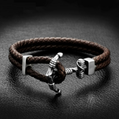 Pulseira Masculina Ancora de Couro e Aço Inoxidável Premium - comprar online