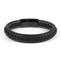 Pulseira Masculina Luxo de Couro e Fecho de Aço Inox - comprar online