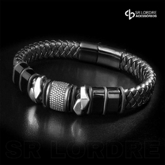 Pulseira Masculina Raros de Couro e Aço Inoxidável Fecho Magnético