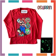 Remera MARIO que BRILLA en la oscuridad 100% algodón peinado premium - tienda online