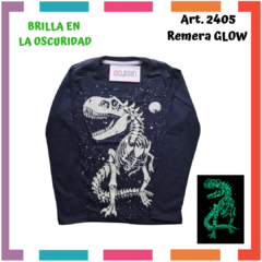 Remera ML GLOW que BRILLA en la oscuridad 100% algodón peinado premium DINOSAURIO