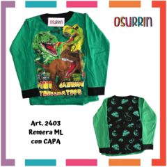 Remeras de algodón con CAPA estampa DINOSAURIO. T4 al 12 - tienda online