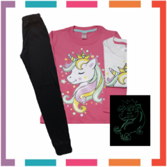 Pijama UNICORNIO estampa GLOW que BRILLA en la oscuridad 100% algodón peinado premium