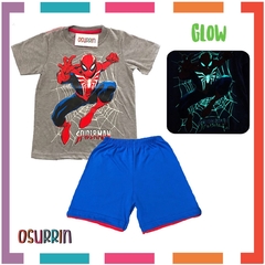 Pijama Verano HOMBRE ARAÑA Remera + Short estampa GLOW que BRILLA en la oscuridad 100% algodón peinado premium en internet