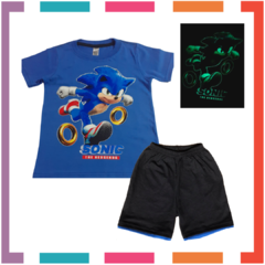 Pijama Verano SONIC Remera + Short estampa GLOW que BRILLA en la oscuridad 100% algodón peinado premium