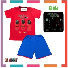 Pijama Verano EL JUEGO DEL CALAMAR Remera + Short estampa GLOW que BRILLA en la oscuridad 100% algodón peinado premium en internet