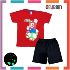 Pijama MARIO BROSS Glow Remera + Short estampa CLÁSICA 100% algodón. Brilla en la oscuridad. - comprar online