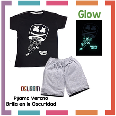 Pijama Verano MARSHMELLO Remera + Short estampa GLOW que BRILLA en la oscuridad 100% algodón peinado premium - comprar online