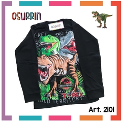 Remera algodón manga larga estampa clásica de personajes: Dinosaurio T Rex - OSURRIN