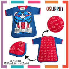 Remeras de algodón con CAPA estampa SUPER HEROES. T4 al 12