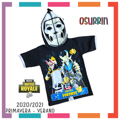 ¡Promo! Remera de algodón con máscara FORTNITE y estampa de Personajes. T4 al 14.