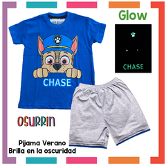 Pijama Verano PAW PATROL - PATRULLA CANINA Remera + Short estampa GLOW que BRILLA en la oscuridad 100% algodón peinado premium en internet