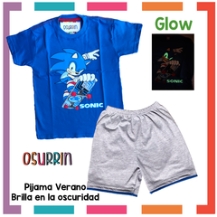 Pijama Verano SONIC Remera + Short estampa GLOW que BRILLA en la oscuridad 100% algodón peinado premium - tienda online