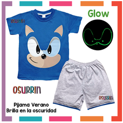 Pijama Verano SONIC Remera + Short estampa GLOW que BRILLA en la oscuridad 100% algodón peinado premium en internet