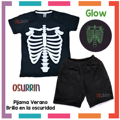 Pijama Verano CALAVERA / ESQUELETO Remera + Short estampa GLOW que BRILLA en la oscuridad 100% algodón peinado premium en internet