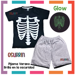 Pijama Verano CALAVERA / ESQUELETO Remera + Short estampa GLOW que BRILLA en la oscuridad 100% algodón peinado premium - comprar online