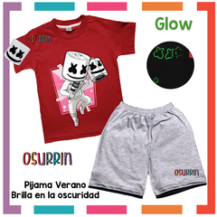 Pijama Verano MARSHMELLO Remera + Short estampa GLOW que BRILLA en la oscuridad 100% algodón peinado premium - OSURRIN