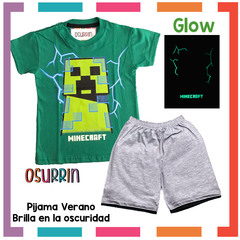 Pijama Verano MINECRAFT Remera + Short estampa GLOW que BRILLA en la oscuridad 100% algodón peinado premium - comprar online