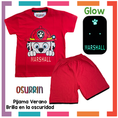 Pijama Verano PAW PATROL - PATRULLA CANINA Remera + Short estampa GLOW que BRILLA en la oscuridad 100% algodón peinado premium - tienda online